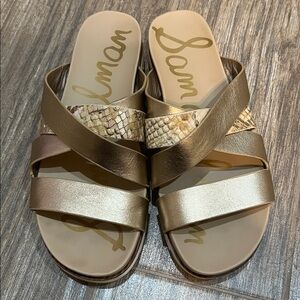 Sam Edelman Ariele Gold Metallic Snake Strappy Platform Slide On Sandals Size 6